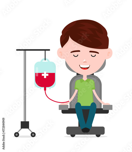 Young happy man donor, a person donates blood, charity blood donation concept.Vector flat cartoon illustration character icon.Isolated on white background.
