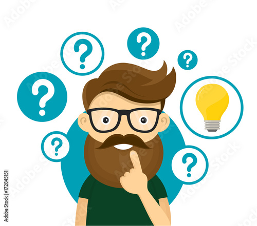 Hipster businessman having creative idea. Business man standing with question marks and idea light bulb above his head. Business idea concept..Vector flat cartoon illustration character icon