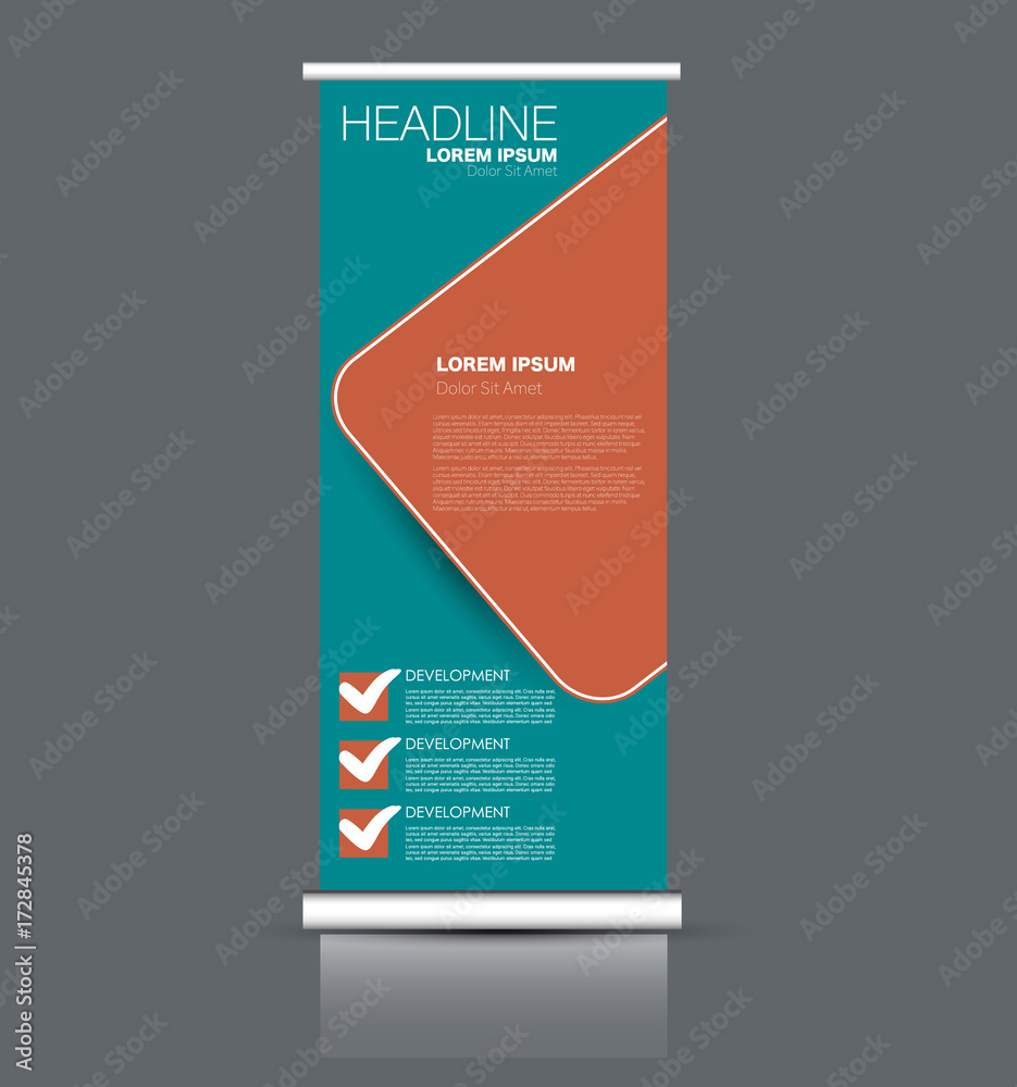 Roll up banner stand template. Abstract banner background for design, business, education, advertisement. Green and red color. Vector illustration. Roll up banner stand template. Abstract banner background for design, business, education, advertisement. Green and red color. Vector illustration.