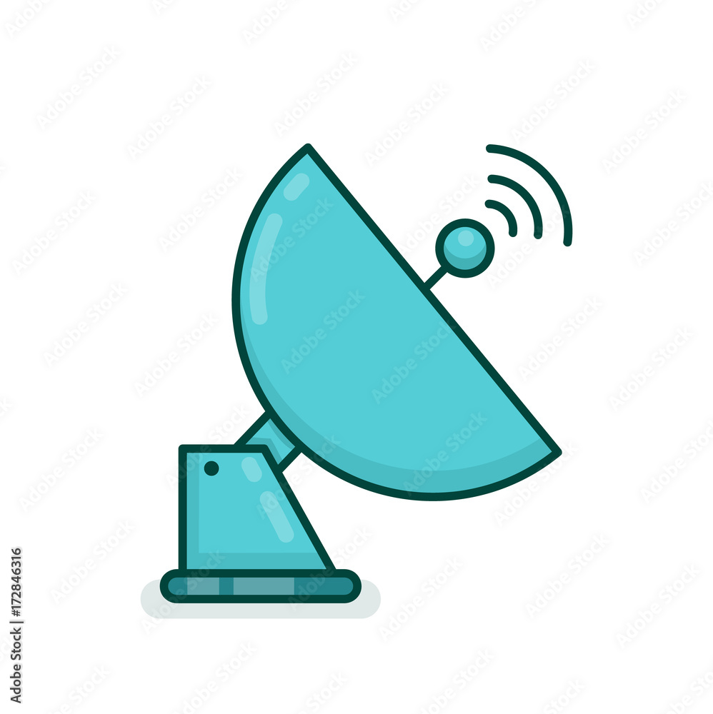 Satellite antenna communication dish radio signal network . Vector modern line outline flat style cartoon illustration icon. Isolated on white background. Technology wireless space radio signal Satellite antenna communication dish radio signal network . Vector modern line outline flat style cartoon illustration icon. Isolated on white background. Technology wireless space radio signal
