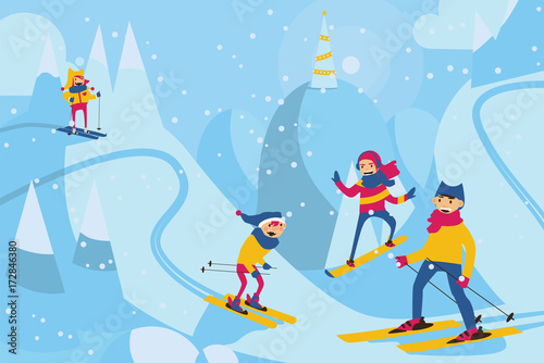 Vector horizontal illustration with happy family skiing in mountains. Winter scene with family activities with ski and snowboard © yokunen