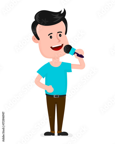 Young man with microphone singing in karaoke. Vector modern flat style cartoon character illustration. Isolated on white background