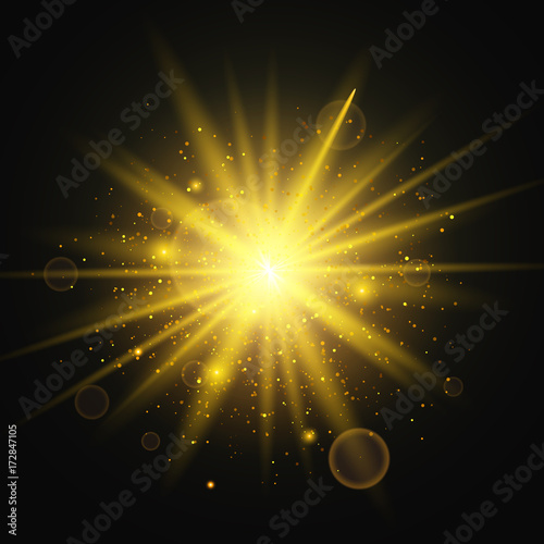Light effect. Star burst with sparkles. Gold glitter texture on black background. Vector Illustration