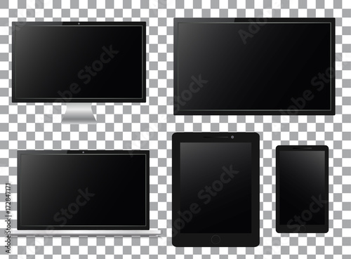 Set of realistic modern blank laptop, notebook,mobile, tv on transparent background