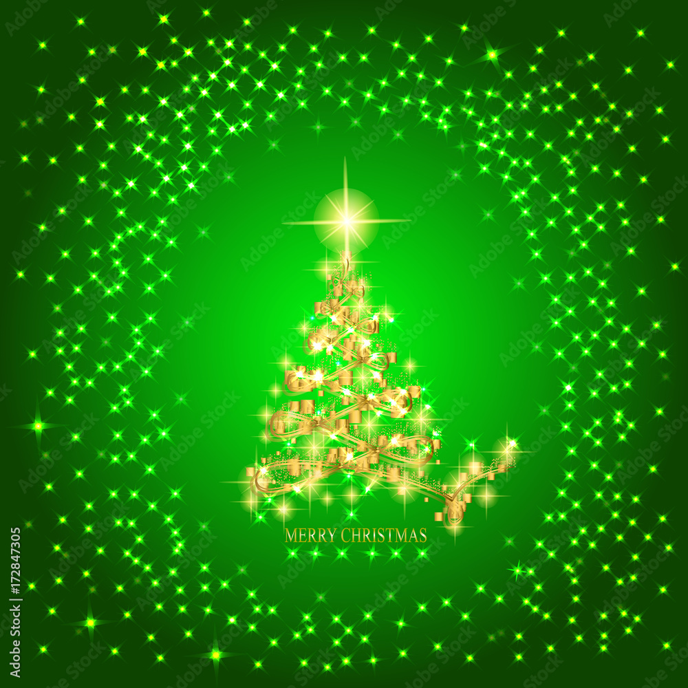 Abstract background with gold christmas tree and stars. Illustration in green and gold colors. Abstract background with gold christmas tree and stars. Illustration in green and gold colors.
