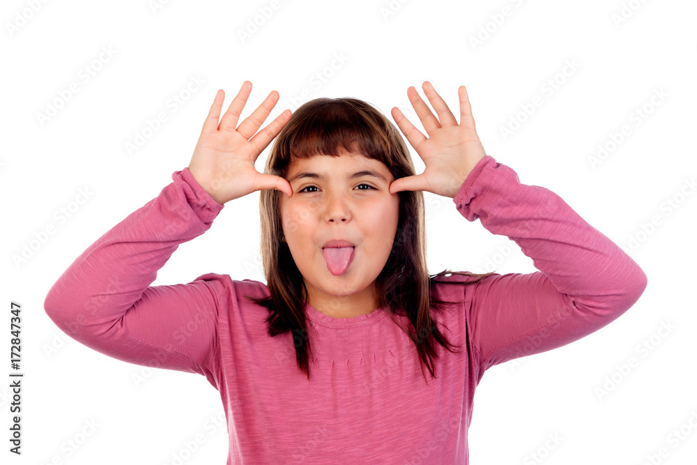 Portrait of funny child showing her handsand show tongue Portrait of funny child showing her handsand show tongue