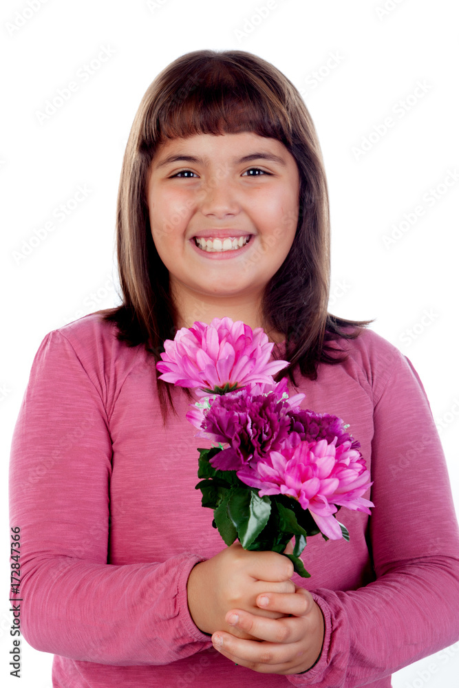 Beautiful child with a pink bouquet of flowers Beautiful child with a pink bouquet of flowers