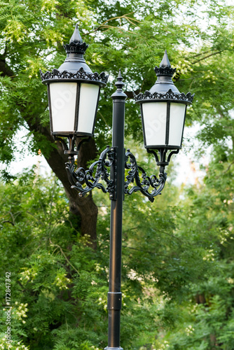 street lamp on a background of green foliage