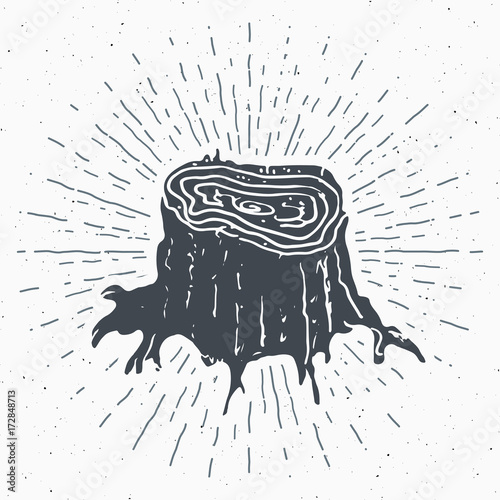 Tree stump vintage label, Hand drawn sketch, grunge textured retro badge, typography design t-shirt print, vector illustration