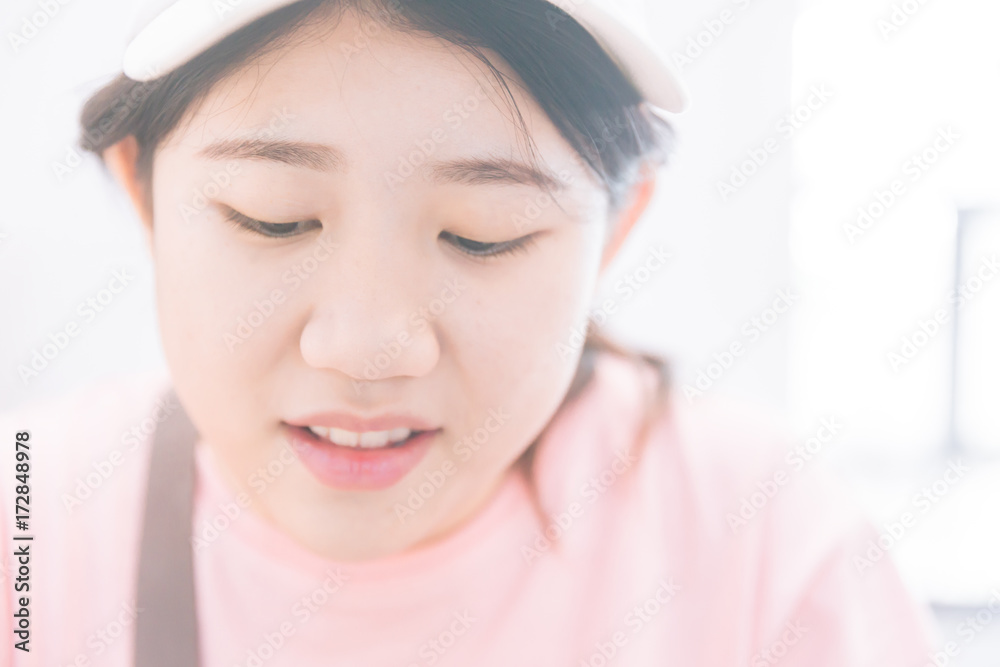 cute young innocent virgin asian teen close up face look shy with space for  text Stock Photo | Adobe Stock