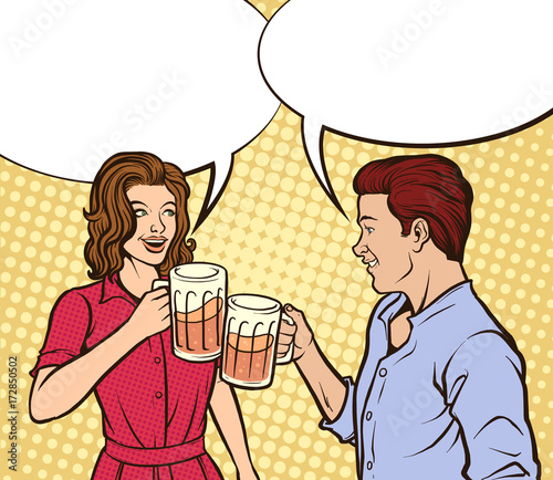 Retro pop art vector illustration of a couple drinking beer. Some elements on separate layers. 