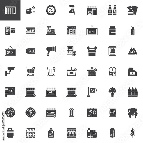 Supermarket shopping products vector icons set, modern solid symbol collection, filled pictogram pack. Signs, logo illustration. Set includes icons as cashier machine, barcode scanner, food