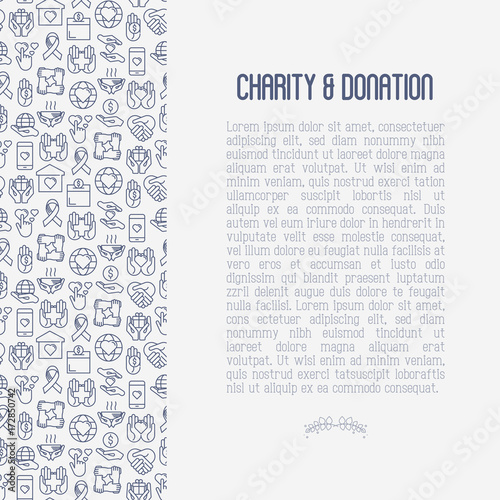 Charity and donation concept with thin line icons related to nonprofit organizations, fundraising, crowdfunding and charity project. Vector illustration for banner, print media. photo