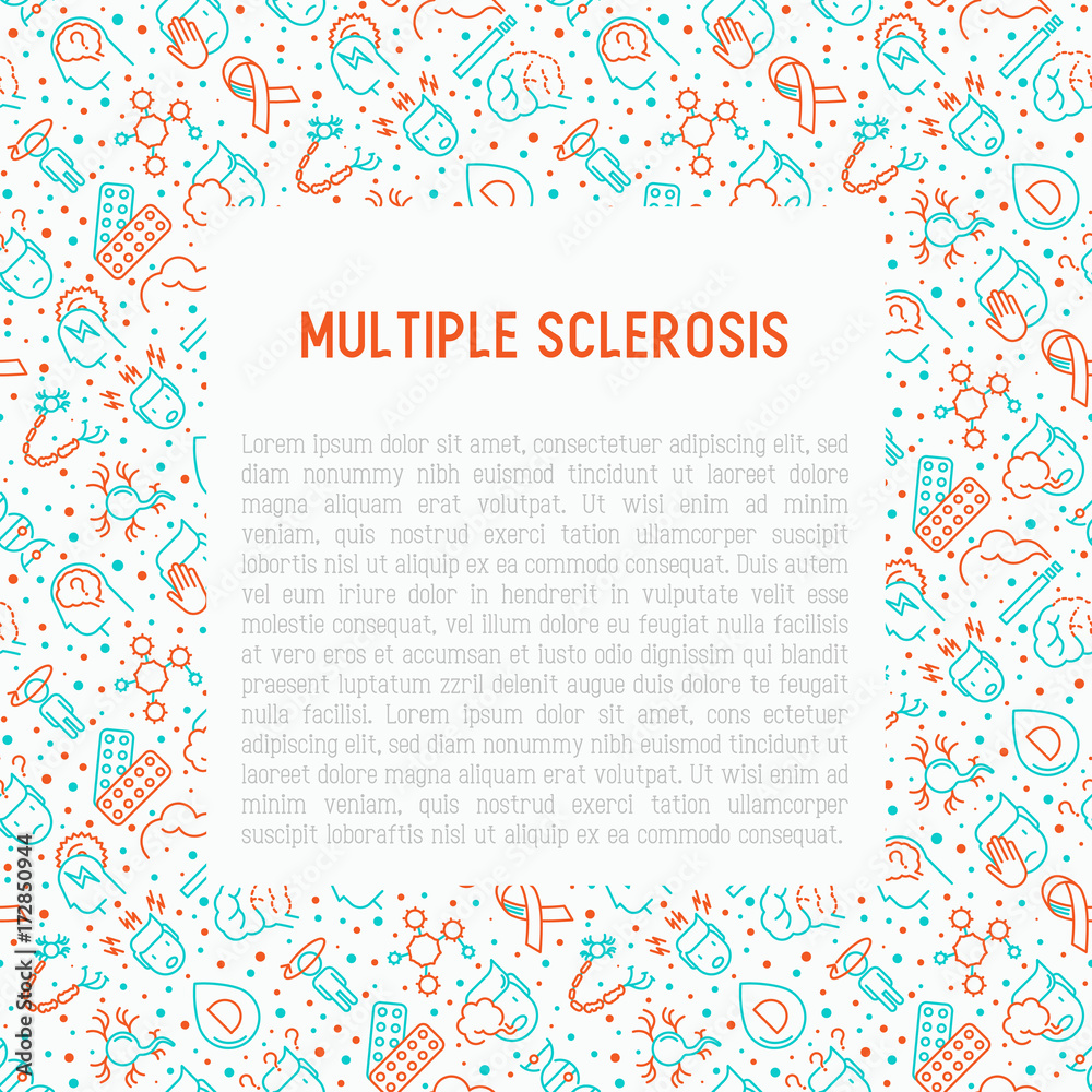 Multiple sclerosis concept with thin line icons of symptoms and treatments: disorientation, heredity, neuron myelin sheaths, vitamin D. Vector illustration for banner, web page, print media. Multiple sclerosis concept with thin line icons of symptoms and treatments: disorientation, heredity, neuron myelin sheaths, vitamin D. Vector illustration for banner, web page, print media.
