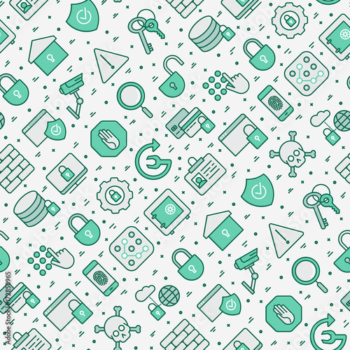 Security and protection seamless pattern with thin line icons: data, surveillance camera, finger print, electronic key, password, alarm, safe. Vector illustration for banner, web page, print media.