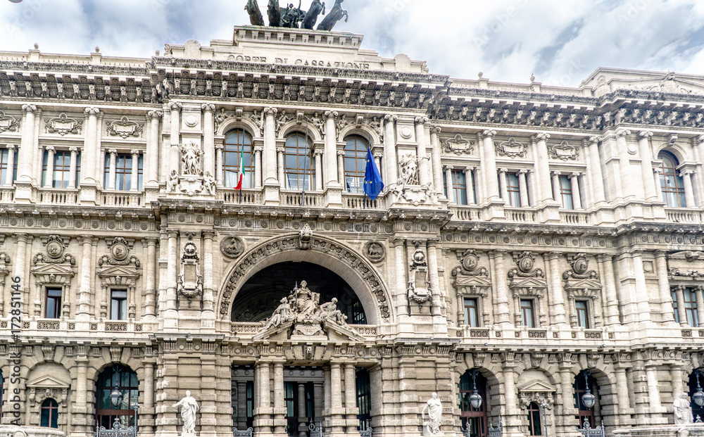 View of the facade of the Supreme Court of Cassation on Court Square in central Rome, Italy.