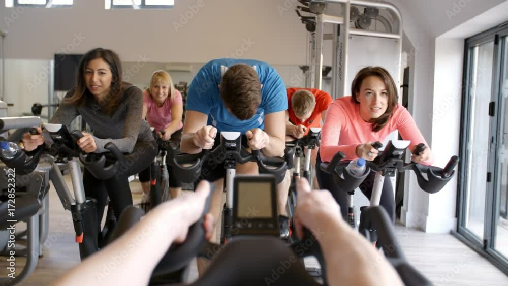 Instructors POV of spinning class at a gym