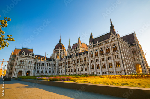 Parliament building at sunset in Budapest, Hungary