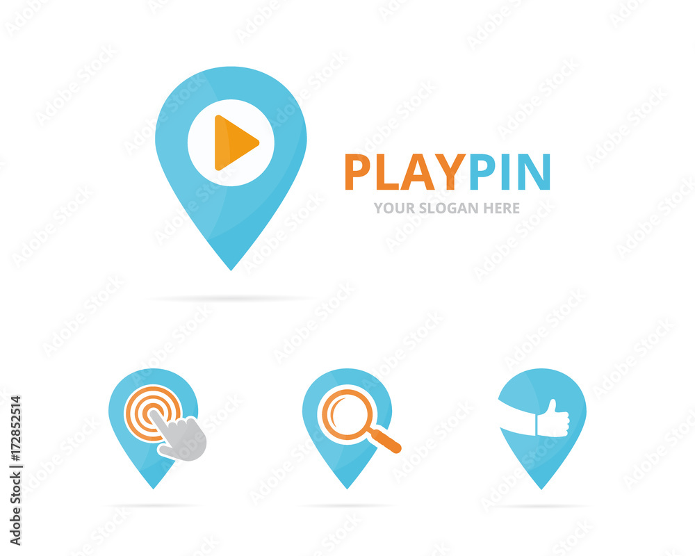 Set of map pointer logo combination. GPS locator and record symbol or icon. Unique pin and audio, video logotype design template.