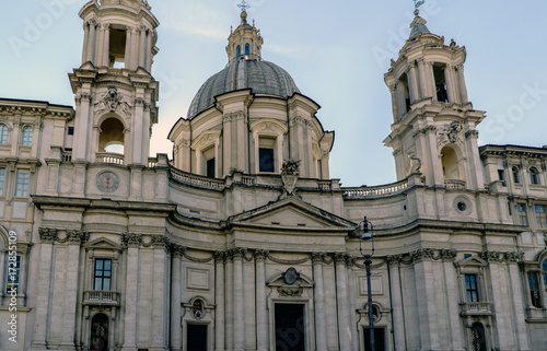 Main facade of the church called Santa Agnes in Agony "Sant'Agnese in Agone" located in the famous Navona square in Rome, Italy © peizais