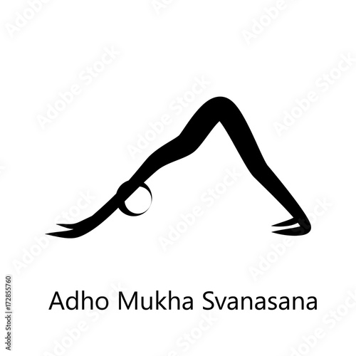 Downward-Facing Dog, Adho Mukha Svanasana. Yoga Position. Vector Silhouette Illustration. Vector graphic design or logo element for spa center, studio, poster. Yoga retreat. Black. Isolated.