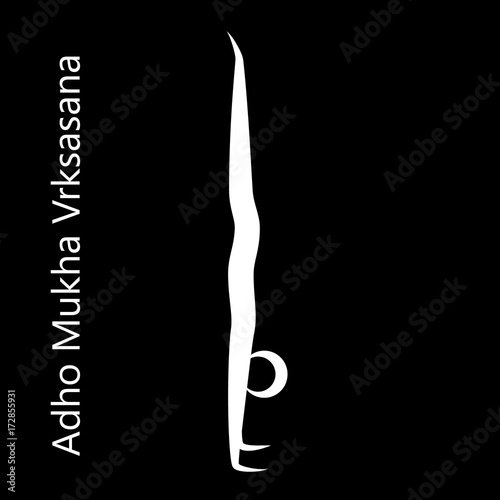 Handstand, Adho Mukha Vrksasana. Yoga Position. Vector Silhouette Illustration. Vector graphic design or logo element for spa center, studio, class, center, poster. Yoga retreat. White.