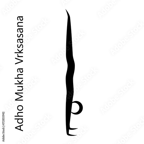 Handstand, Adho Mukha Vrksasana. Yoga Position. Vector Silhouette Illustration. Vector graphic design or logo element for spa center, studio, poster. Yoga retreat. Black. Isolated.