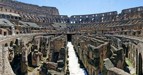 Rome, Lazio, Italy. July 25, 2017: Interior views of the Roman Coliseum with many people visiting the interior