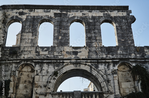 Fragment of ancient buildings of the Diocletian palace in the city of Split, Croatia.