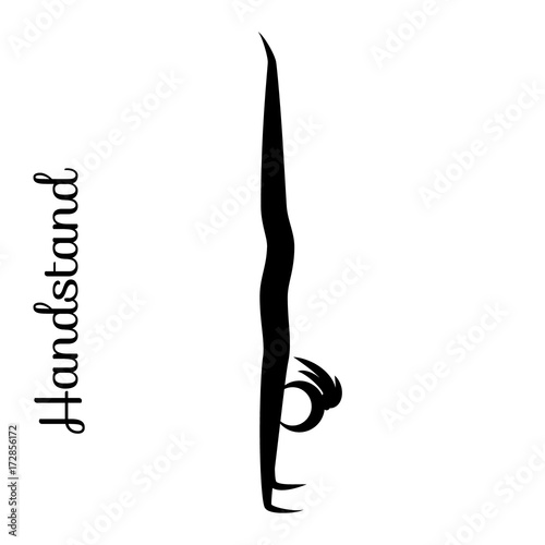 Handstand, Adho Mukha Vrksasana. Yoga Position. Vector Silhouette Illustration. Vector graphic design or logo element for spa center, studio, poster. Yoga retreat. Black. Isolated.