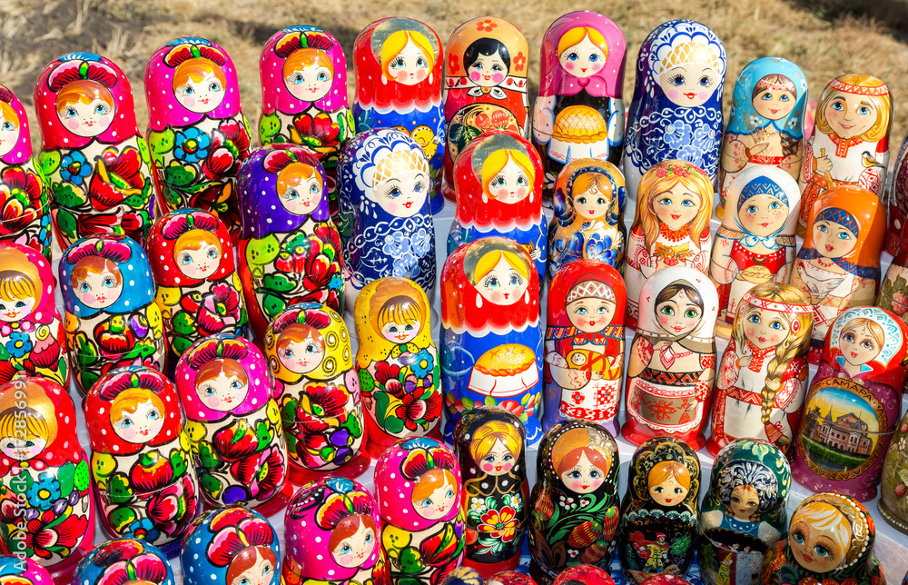 Large selection of matryoshkas Russian souvenirs at the gift shop