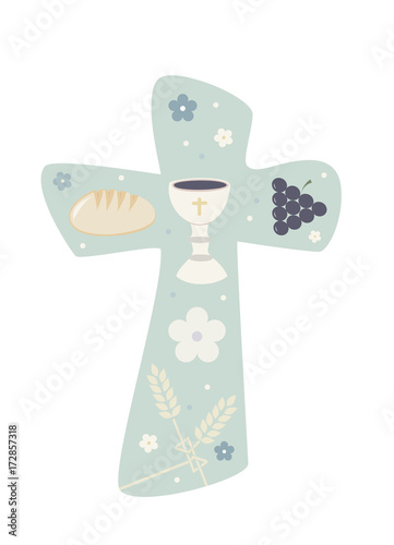 Christian cross with chalice grapes bread and wheat ear. Religious sign. pastel green background photo