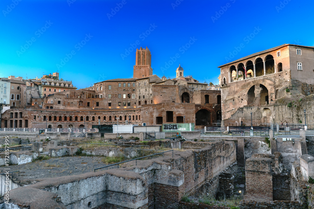 Panoramic of the Market of Trajan (Roman Emperor), seen at dusk with clear sky in Roma, Italy