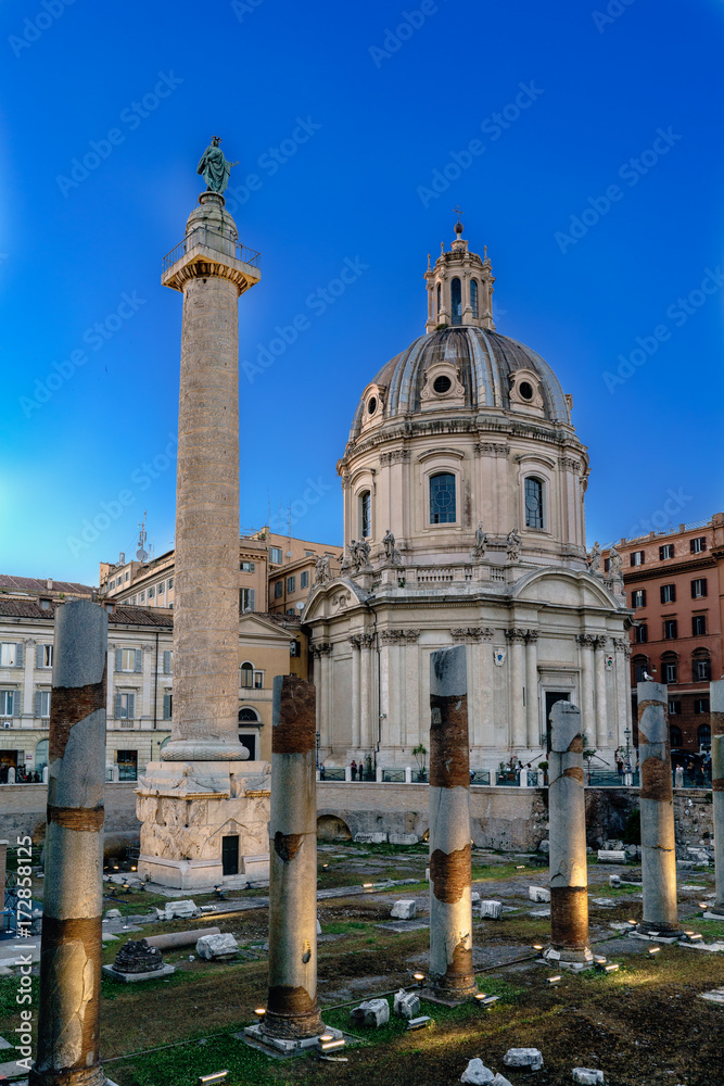 Vertical view of the ruins of the Trajan's Forum and the Catholic Church called 