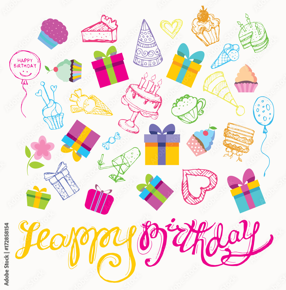 Happy birthday vector card. Hand drawn Vector illustration. Invitation template design.