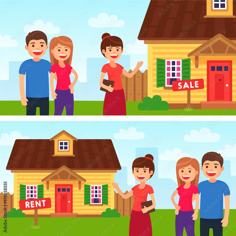 Realtor. Buying a home. Vector illustration in cartoon style