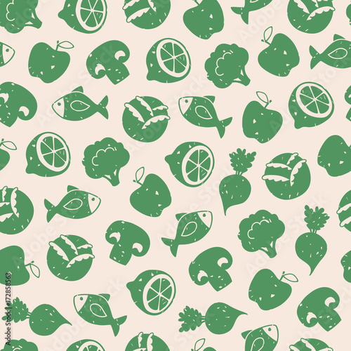 Seamless pattern with healthy food icons, vector background with vegetables, fruits, fishes and mushrooms