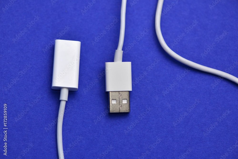 Pair of white usb connectors on violet Pair of white usb connectors on violet