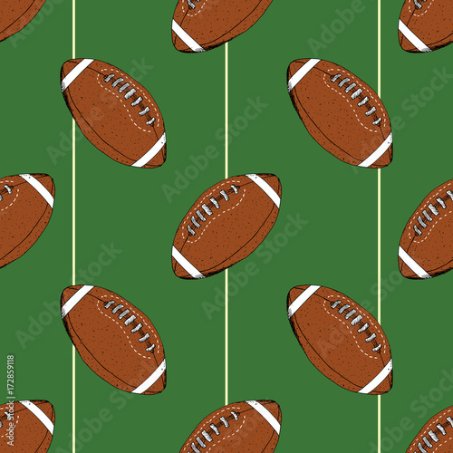 Football, rugby ball seamless pattern hand drawn sketch, vector illustration
