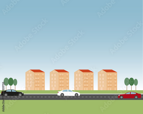 Typical italian and european suburbs with the same buildings, cars, some trees and a street