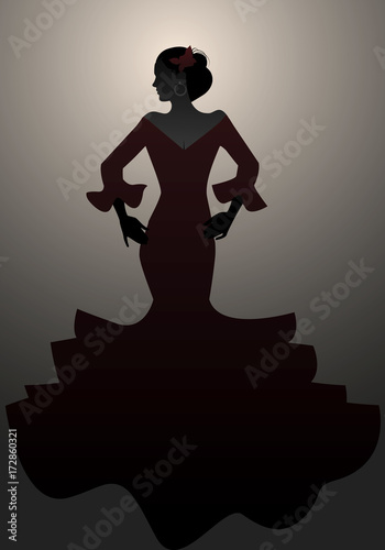 Silhouette of typical Spanish woman wearing flamenco dress.