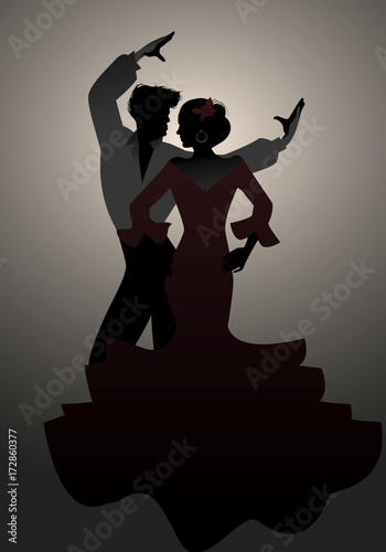 Silhouettes of Spanish couple flamenco dancers.