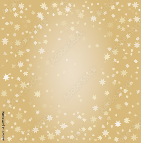 Abstract pattern of random falling gold stars on golden background. A circle in the center free for text. 
