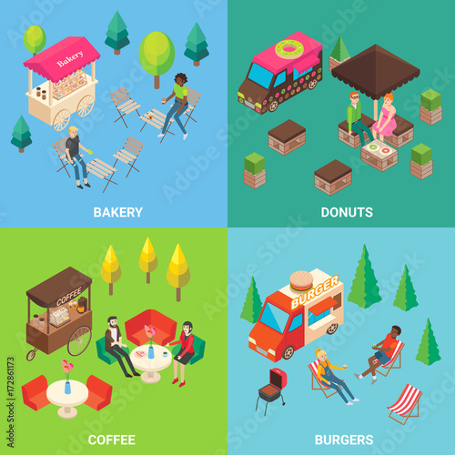 Vector street food concept square poster set