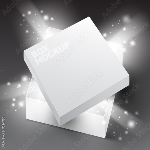 Beautiful, square, white open paper (cardboard) box with light effect (glowing and sparkles). Surprise, gift, present box. Vector illustration