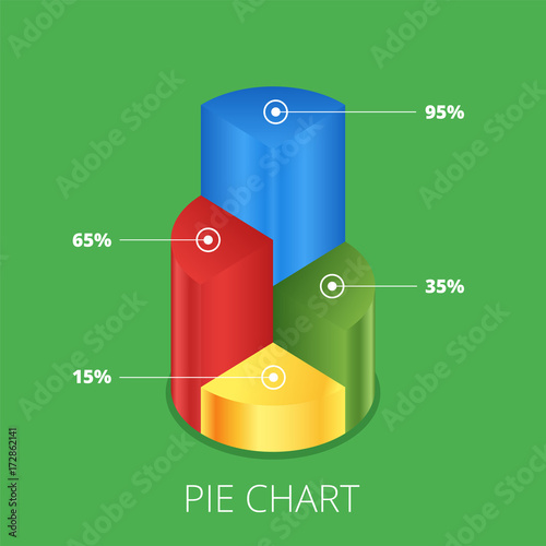 Pie chart on isolated background. Isometric pie charts different heights. Business data, colorful elements for infographics. Vector illustration