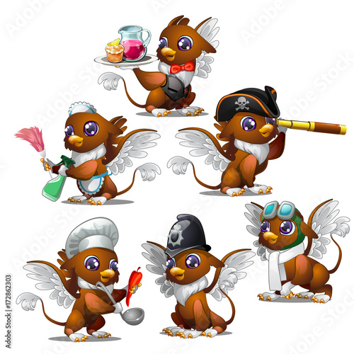 Griffins in six different characters - pirate, military, waiter, chef, maid, aviator. Fairy animals for animation, childrens illustrations, book and other design needs. Vector isolated on white