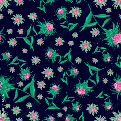 Interesting thistle seamless pattern with blue background photo