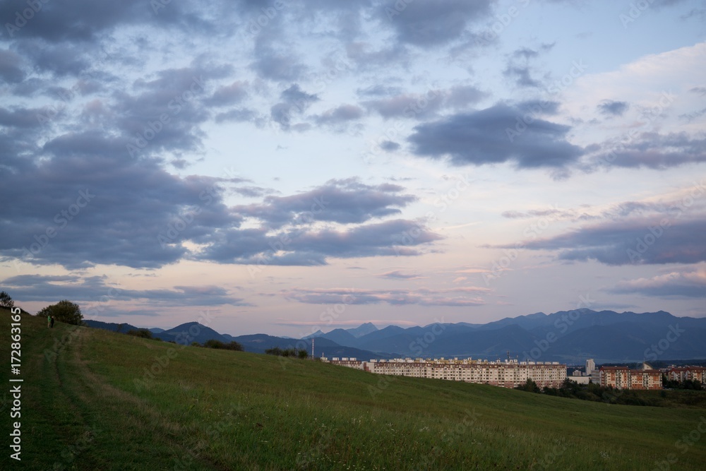 Sunrise and sunset over the hills and town. Slovakia