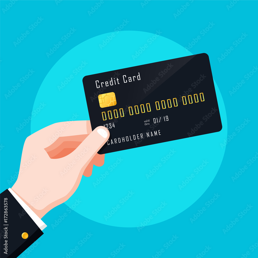 Flat Design style Human hand holding with credit card ,isolate on blue background ,vector design Element illustration Flat Design style Human hand holding with credit card ,isolate on blue background ,vector design Element illustration